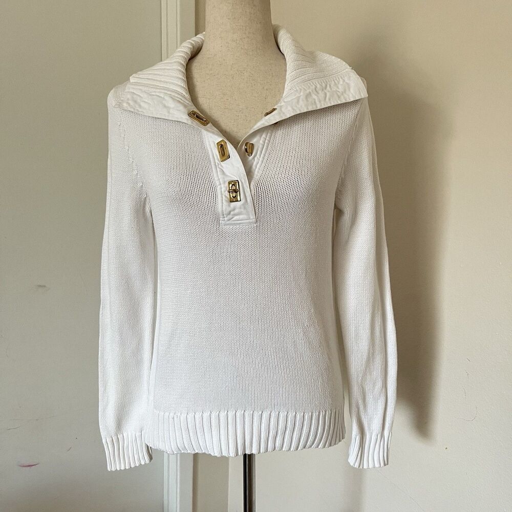 Lauren Ralph Lauren LRL White Cotton Sz S Sweater Gold Clasp Shawl Collar